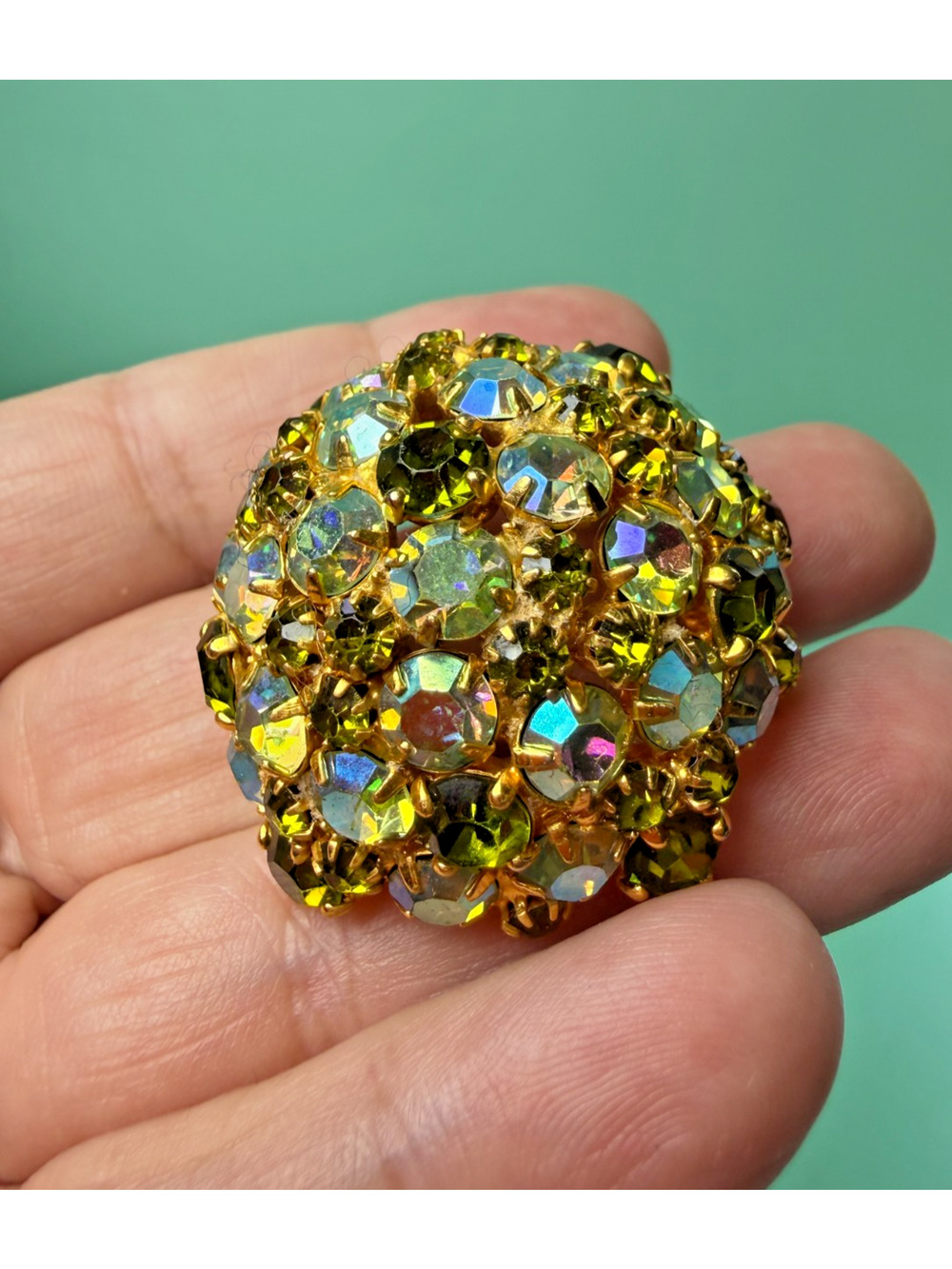 Vintage Signed Weiss Green Aurora Borealis AB High Dome Rhinestone Brooch Gold